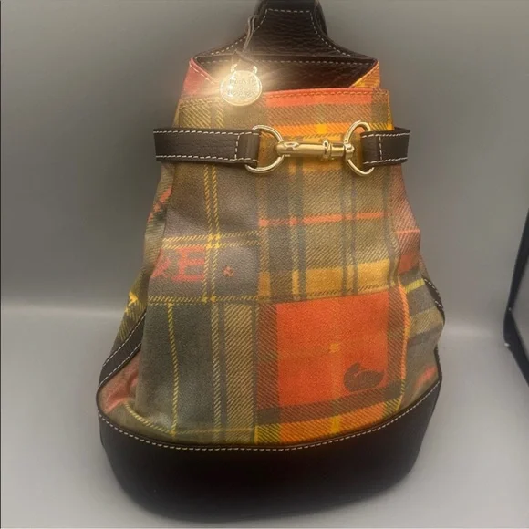 Vintage Dooney Bourke Plaid Bucket Bag Drawstring Equestrian Rare